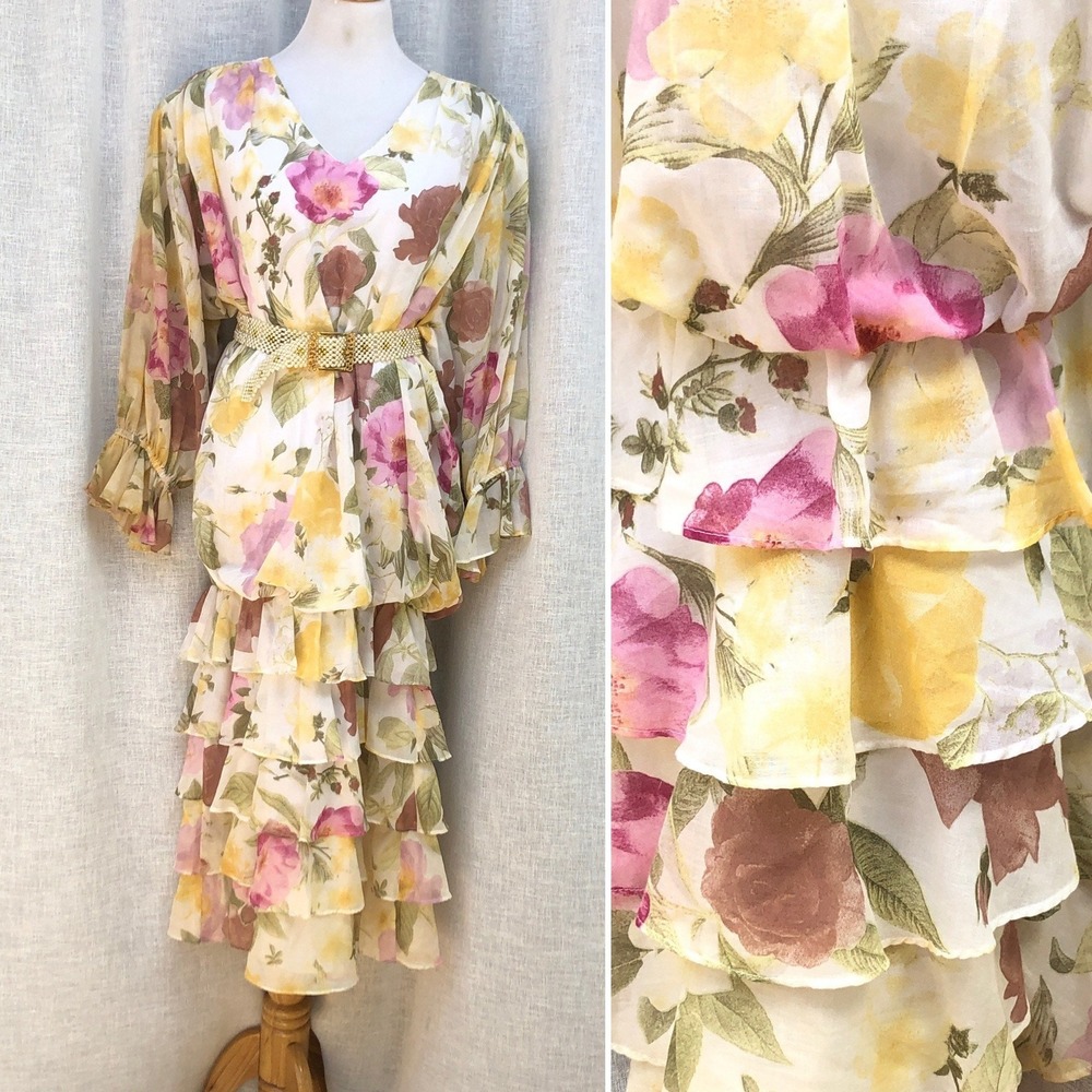 Vikki Vi California tiered skirt dropp waist pink yellow floral plus size dress